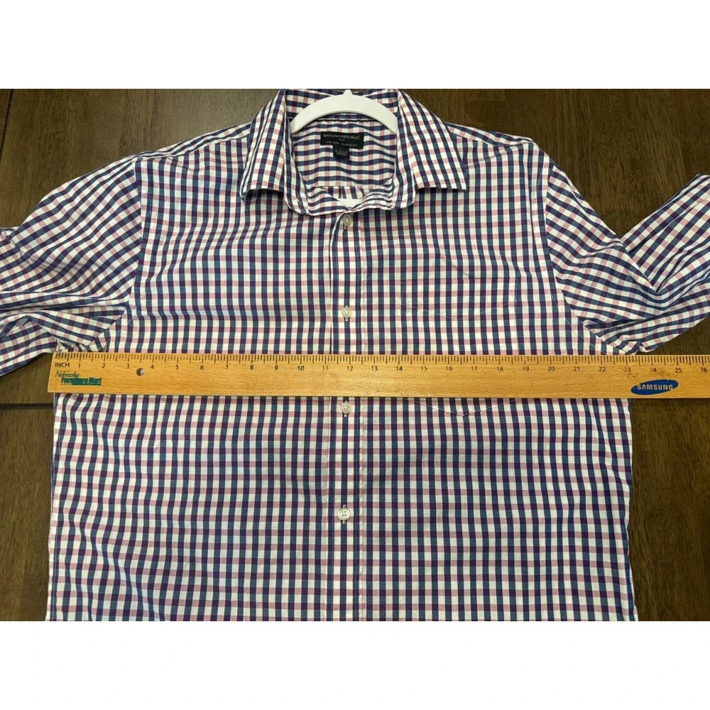 Banana Republic Men Classic Fit Non Iron Gingham Button Down Shirt Navy Purple L